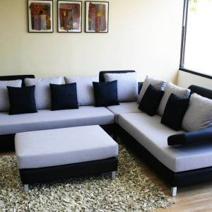 White, Blue and Black Color Corner Sofa Set